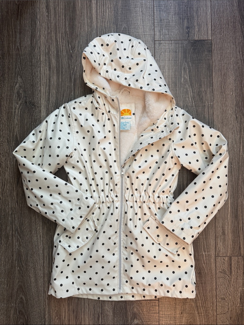 C&C California Cream Hooded Raincoat with Black Polka Dots